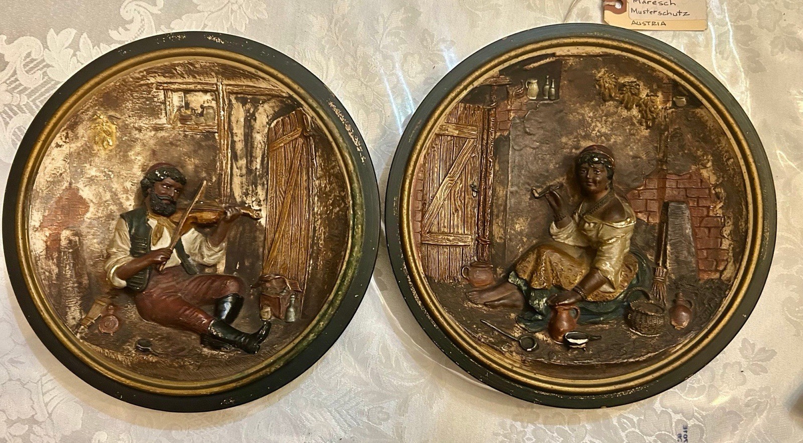Antique Pair of JOHANN MARESCH 3D WALL 10 Inch Plaques Hand Painted