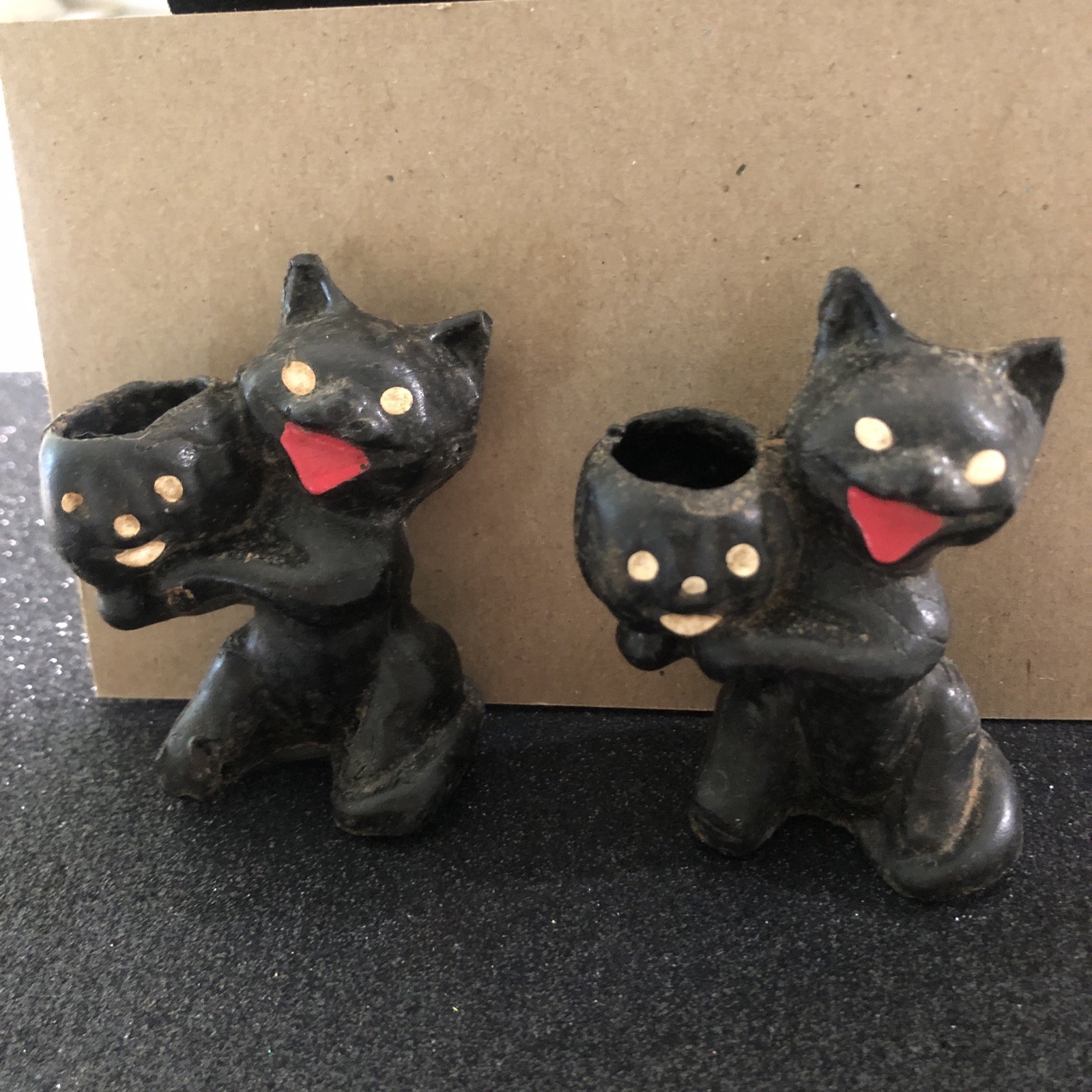 Two Vintage 1952 Wax Halloween Black Cat Candy Container Holder \