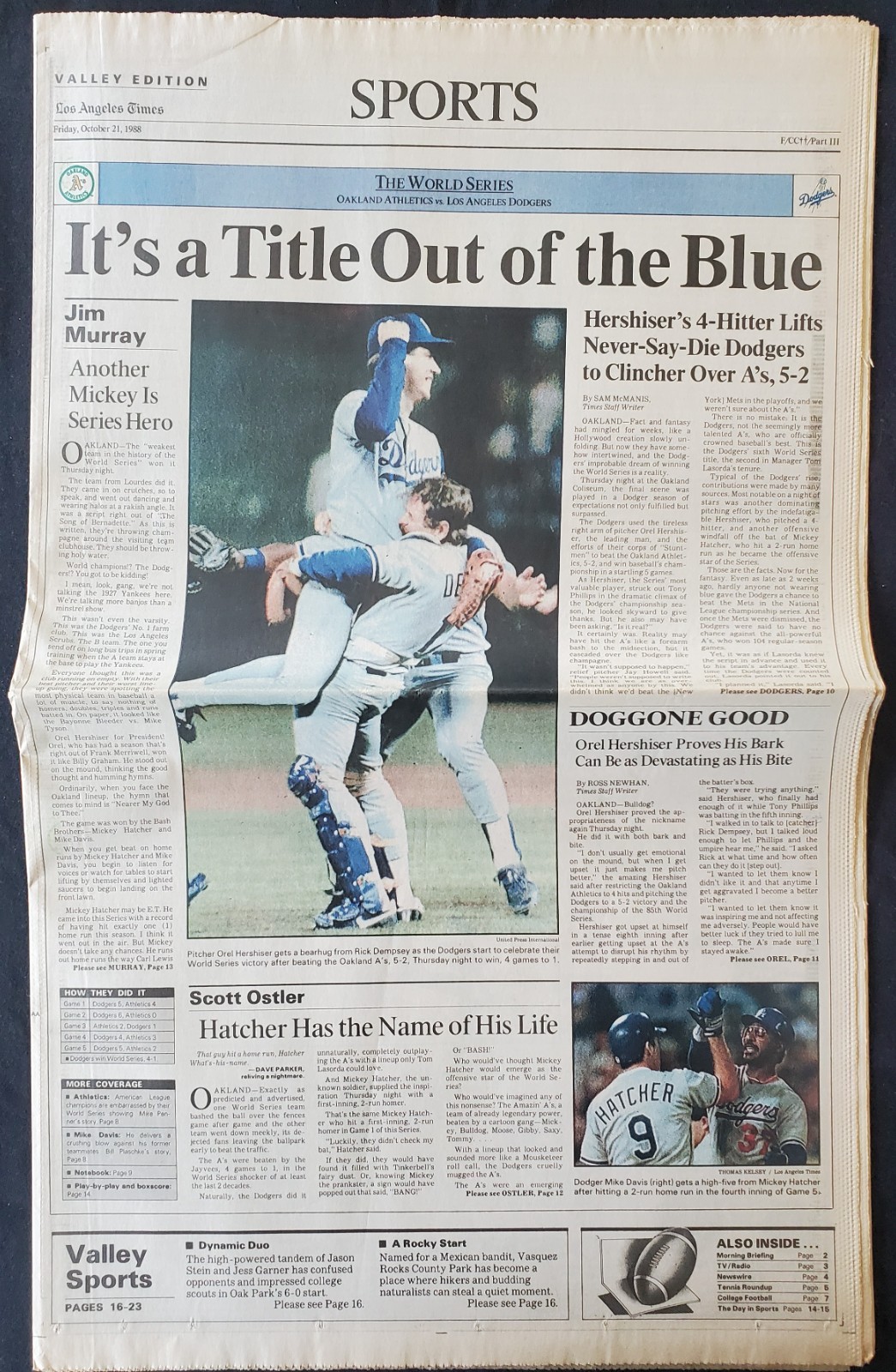 1988 Hersheiser Dodgers v A's World Series Champions MLB LA Times Newspaper