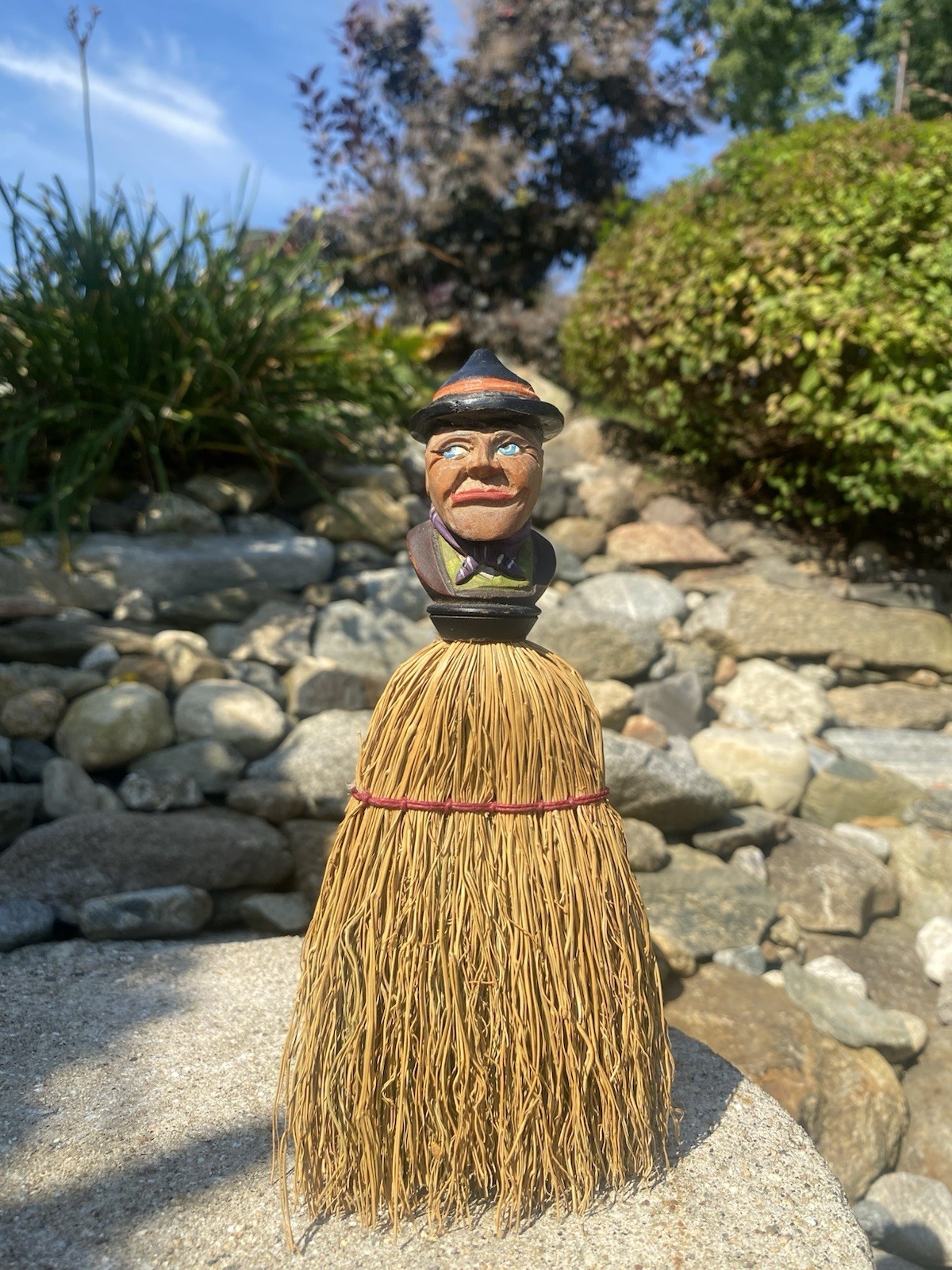 Rare Antique Anri Italy Hand Carved Painted Wood Man Dust Wisk Straw Broom