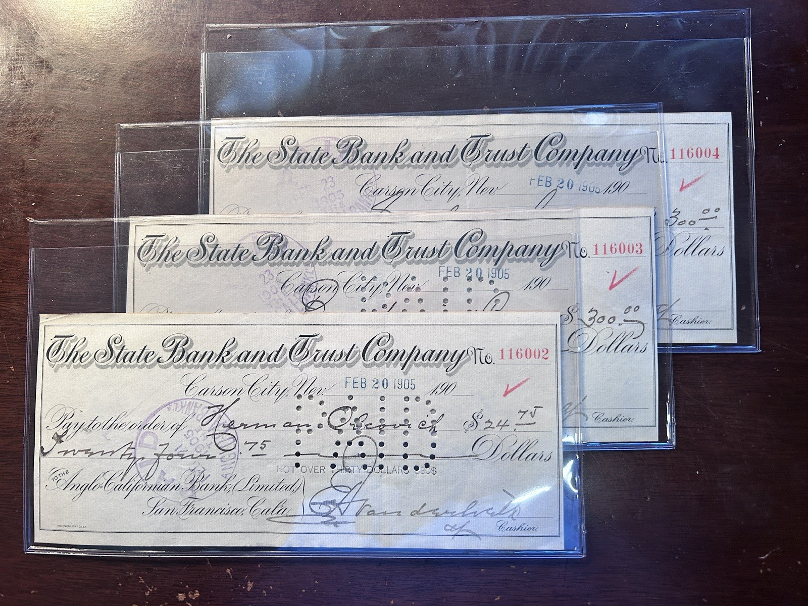 3 Consecutive 1905 ‘State Bank and Trust Company’ Checks from Carson City, NV