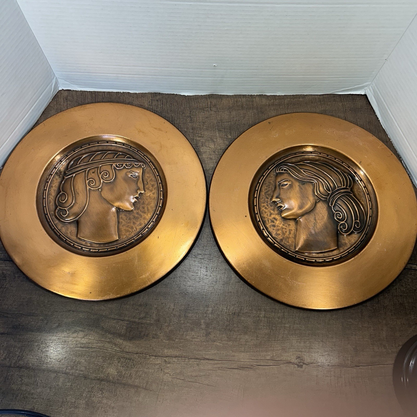 Pair of Art Deco Solid Copper Repousse Portrait Plaques, Signed A. Gilles 12”