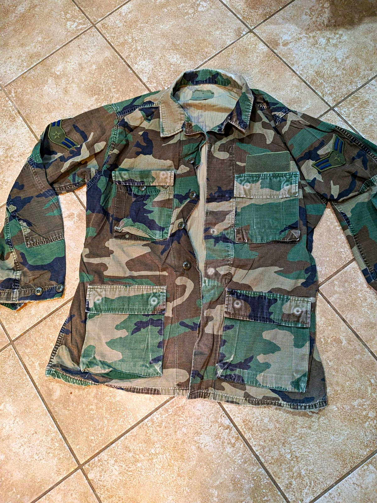 VTG 1991 USAF 100% Cotton Ripstop Woodland Camo BDU Coat – Distressed – Med Long