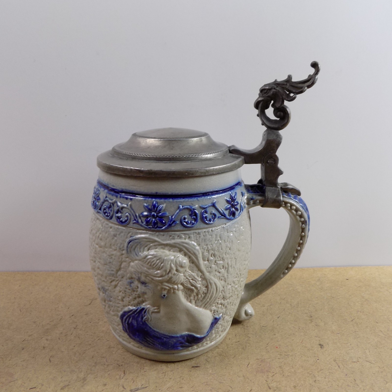 Antique White\'s of Utica Stoneware Beer Stein #41 Blue Lady Portrait Stoneware