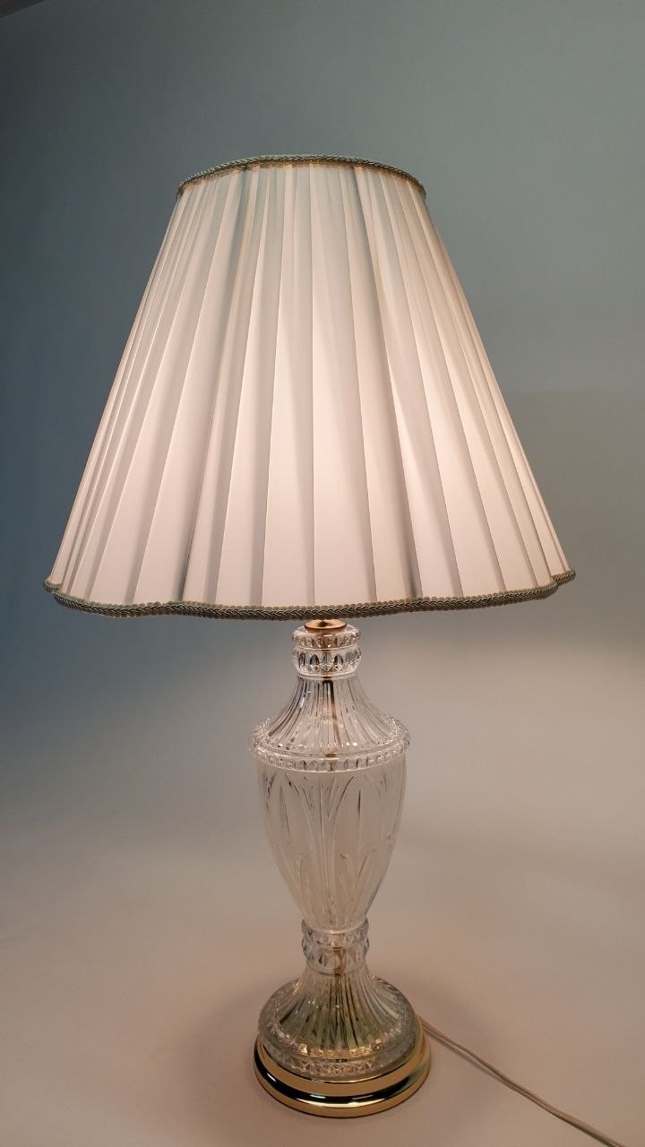 Vintage Mid-Century Frosted Cut Etched Crystal Table Lamp/ Shade Polished Gold