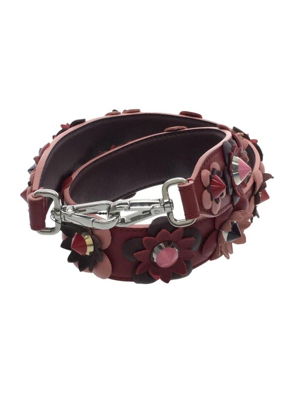 FENDI Shoulder Strap Leather RED Ladies Colored Stone Flower