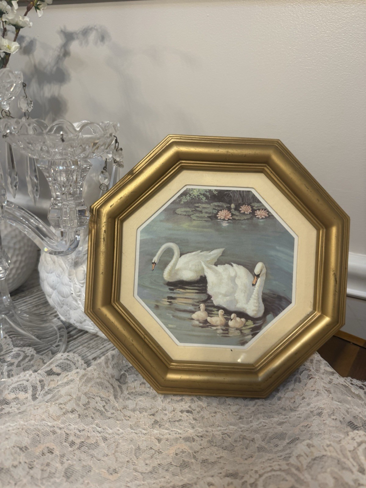 Vintage Octagon Gold Framed Swan Print Wall Art Lake Scenery Cottagecore Decor