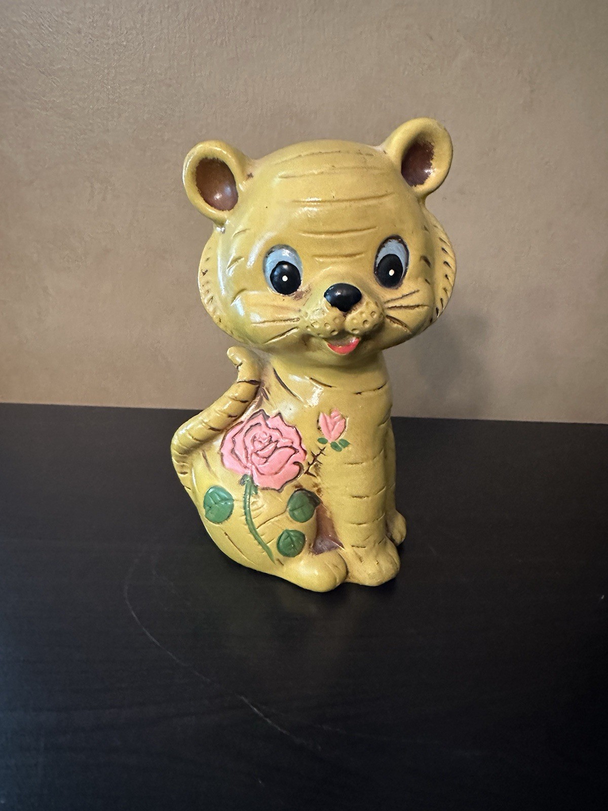 Vintage 1960s Wood Composition Kitty Cat Bank Yellow Kitsch  MCM