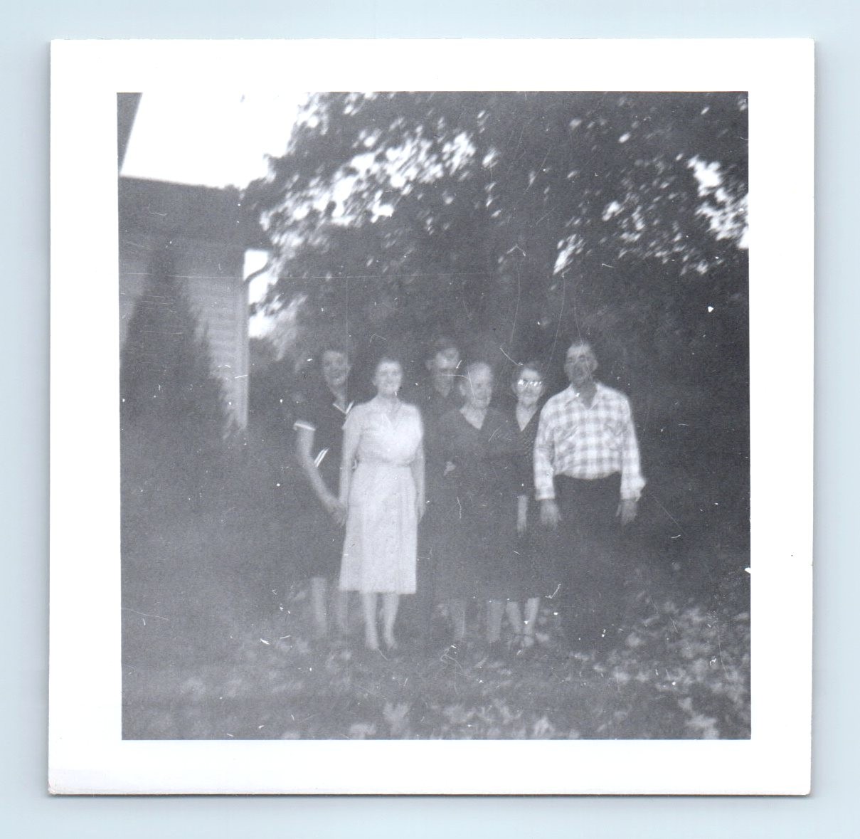Old Vintage Square Photo MEN WOMEN GROUP PEOPLE IN YARD BY HOUSE SNAPSHOT
