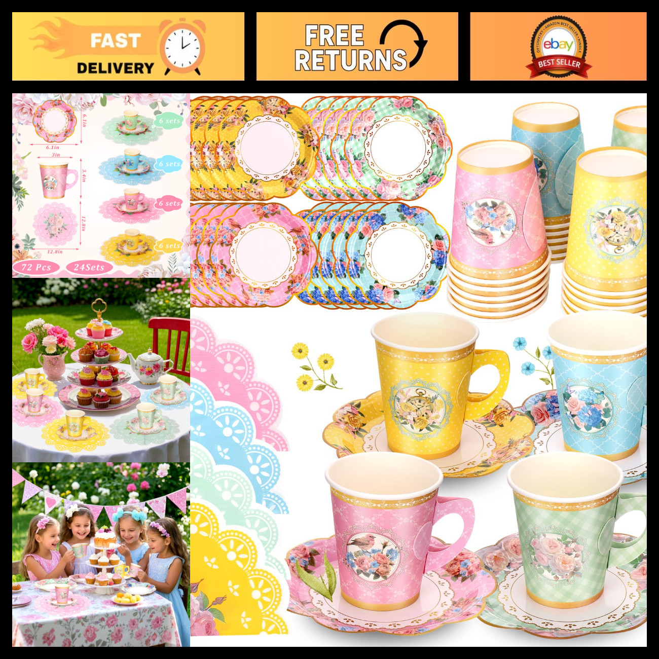72 Pcs Vintage Floral Disposable Tea Cups & Saucers Set, 9 OZ for Parties & Even
