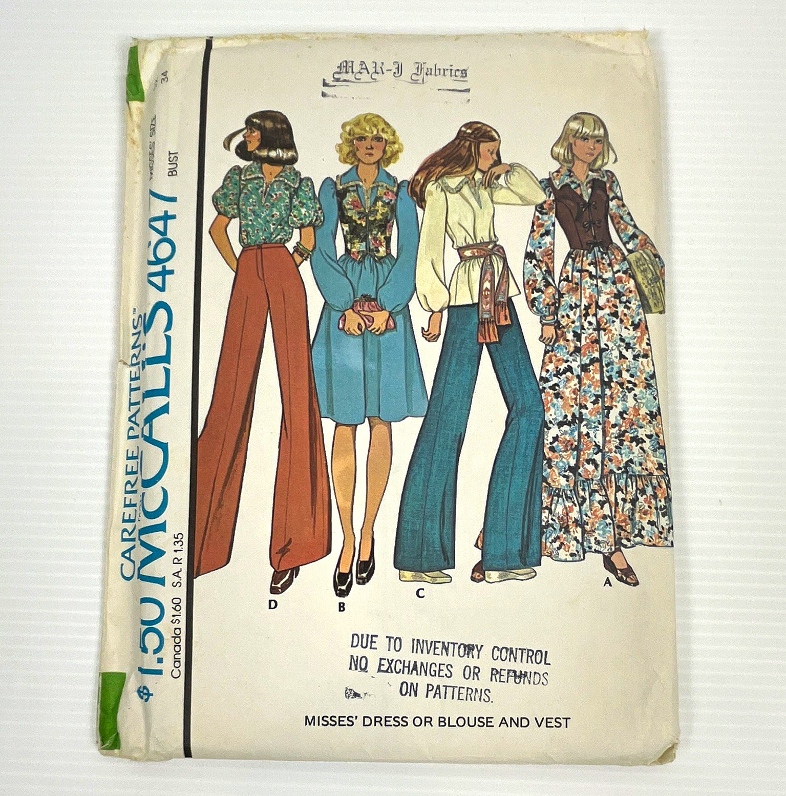 VTG Original 1970s McCall's Carefree Patterns 4647 Dress/Blouse & Vest uncut