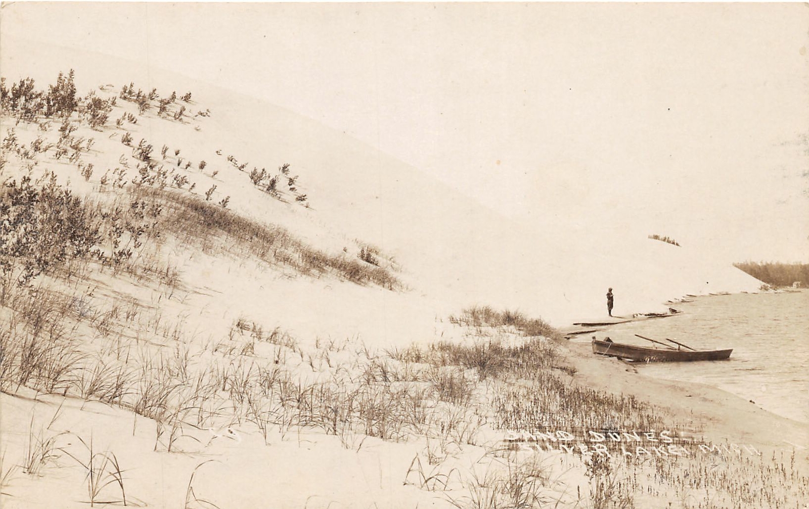 J21/ Silver Lake Michigan RPPC Postcard c1930s Sand Dunes Boat  10