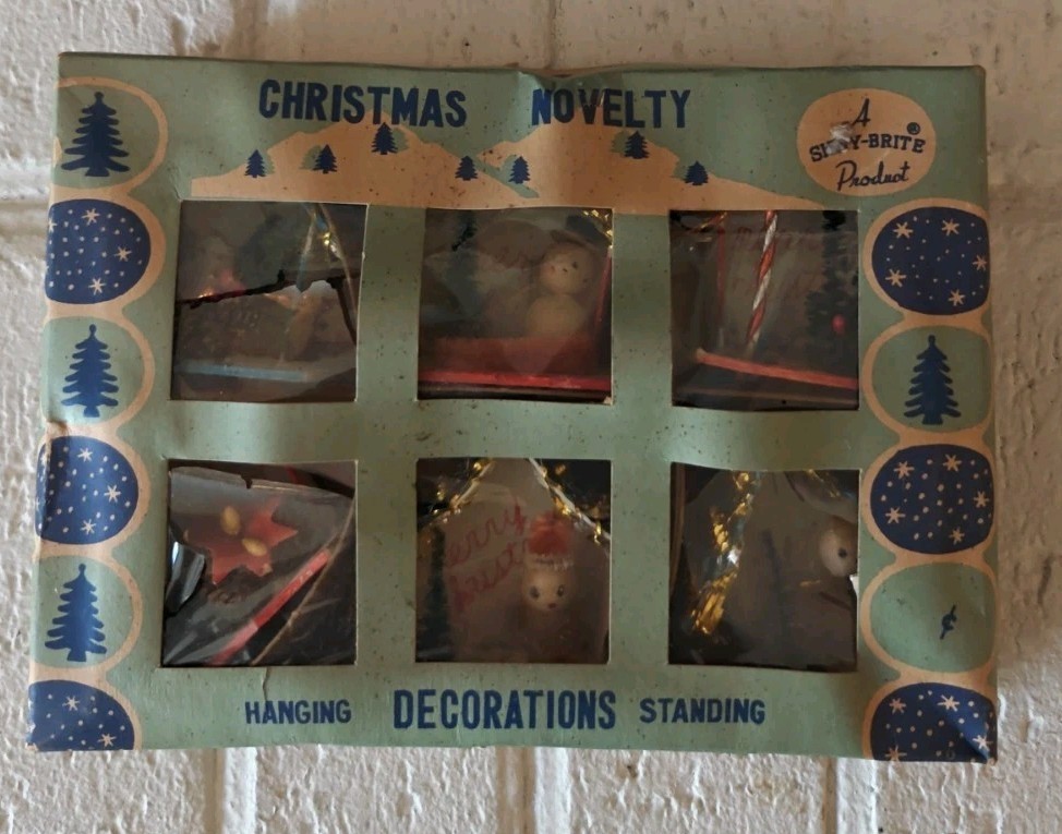 VINTAGE SHINY BRITE SIX  CHRISTMAS ORNAMENTS IN BOX JAPAN Houses Santa MCM 1950s