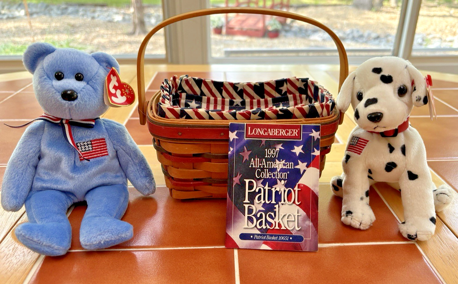 Longaberger 1997 Patriotic Basket with Liner Ty Patriotic Bear and Dalmation
