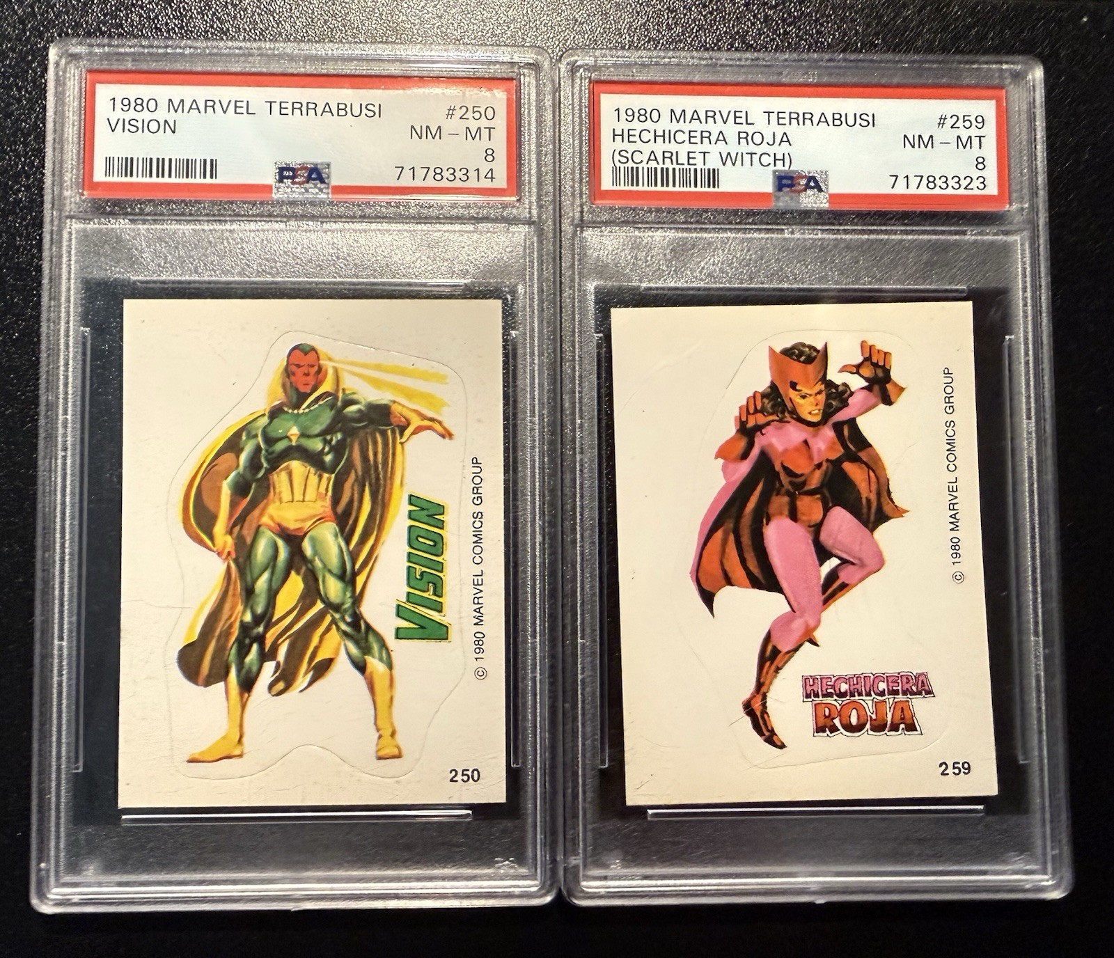 1980 Marvel Terrabusi PSA 8 Scarlet Witch & Vision stickers #250/259 RARE