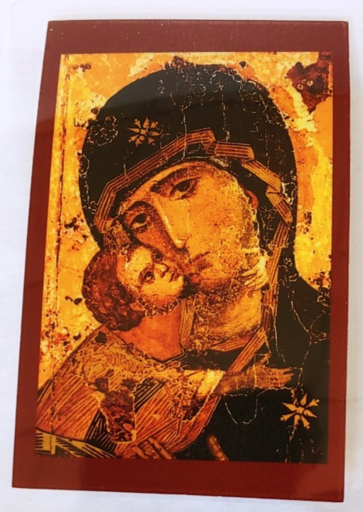 Virgin and Child Vladimir Sweet Kissing laminated Greek icon prayer card 4x3inch