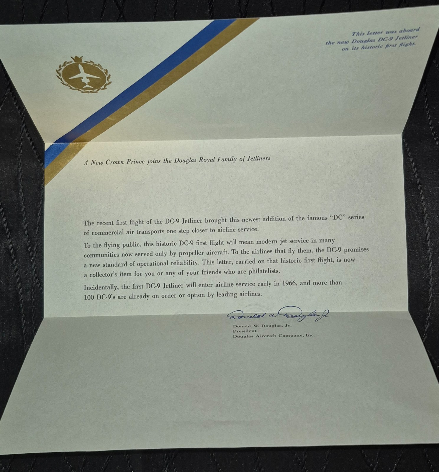 Rare 1965 DC-9 First Flight Commemorative Letter Signed President Douglas Jr.