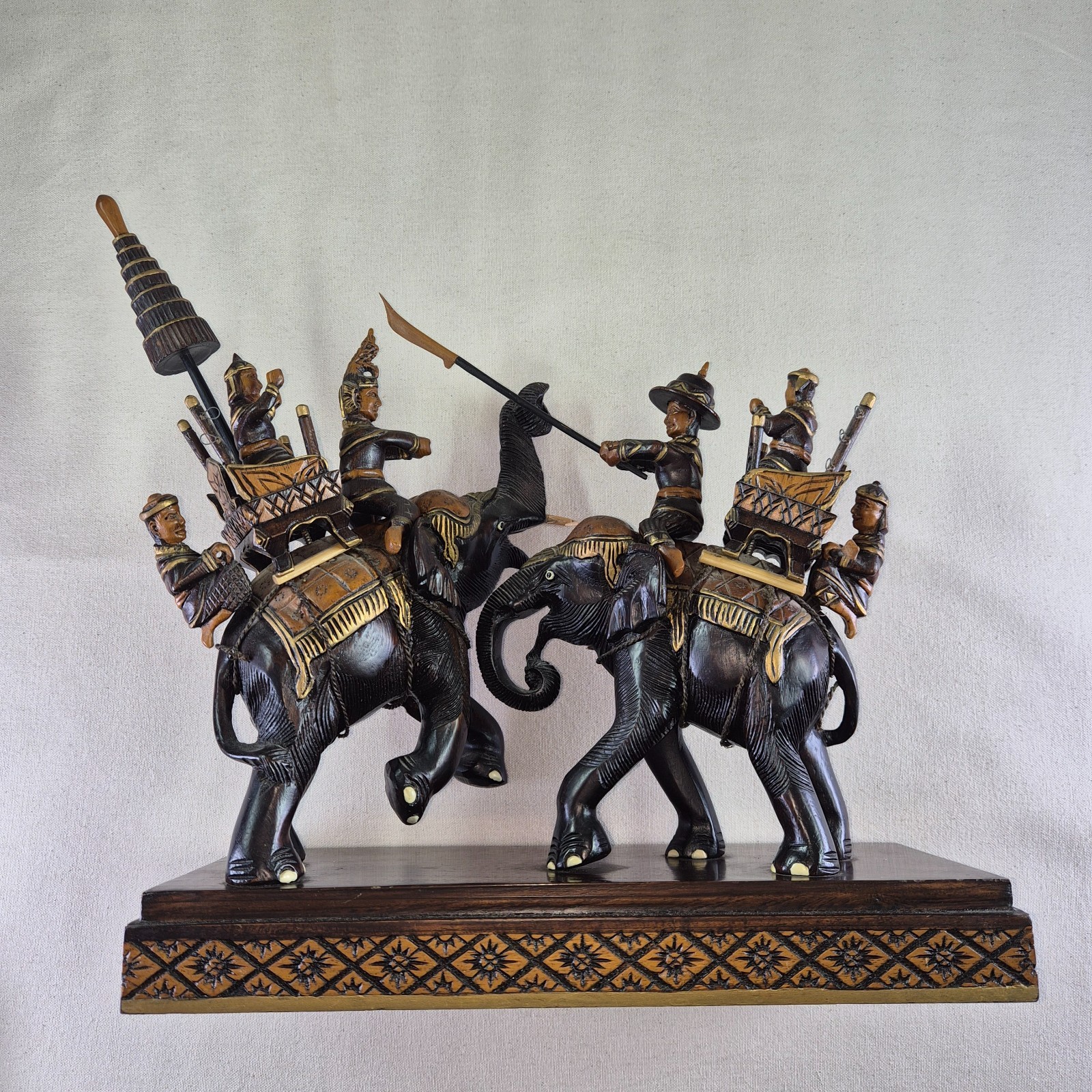 Vintage hand-carved wooden elephant battle sculpture - 2335