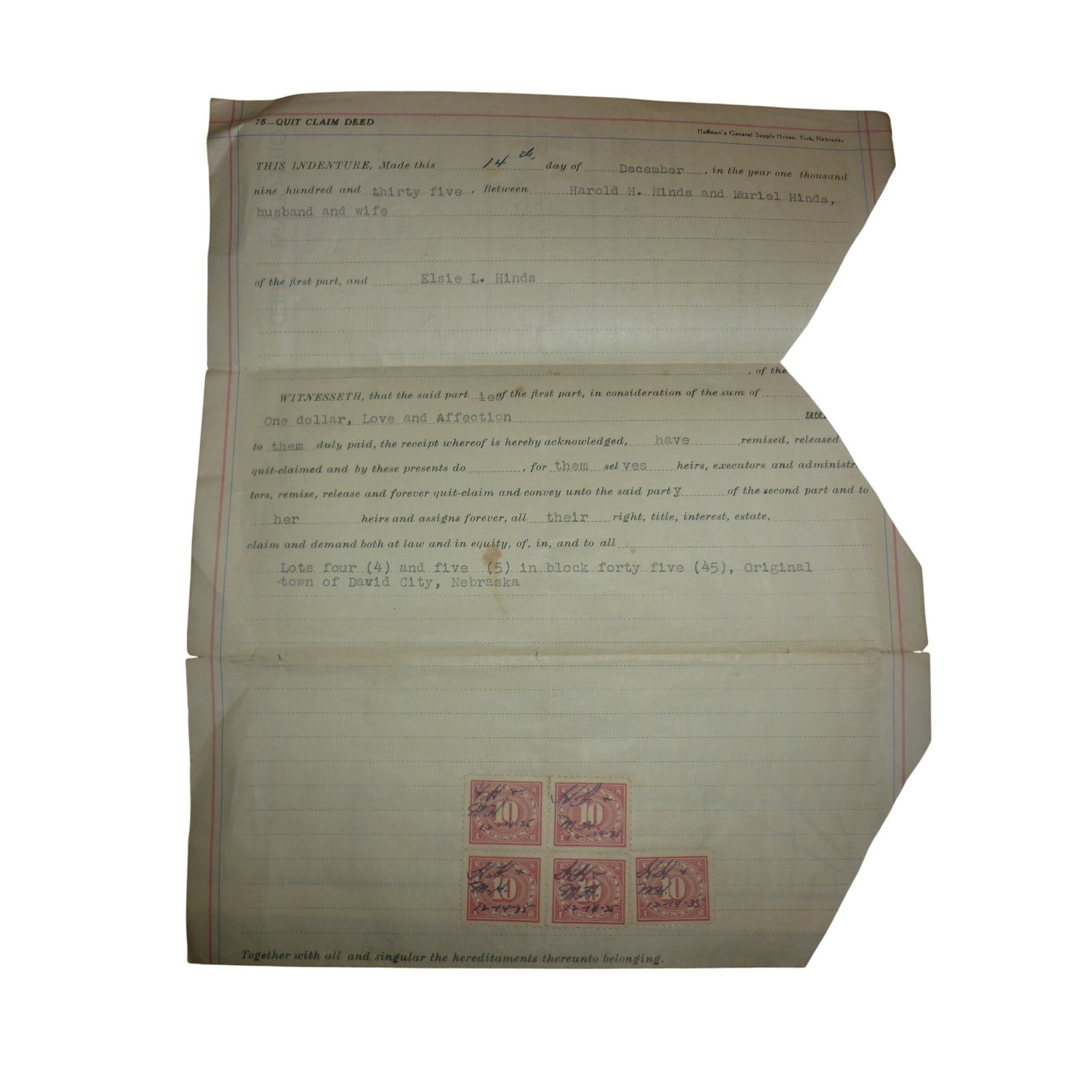 1935 David City Nebraska Quit Claim Deed Hinds Family History Butler Co NE