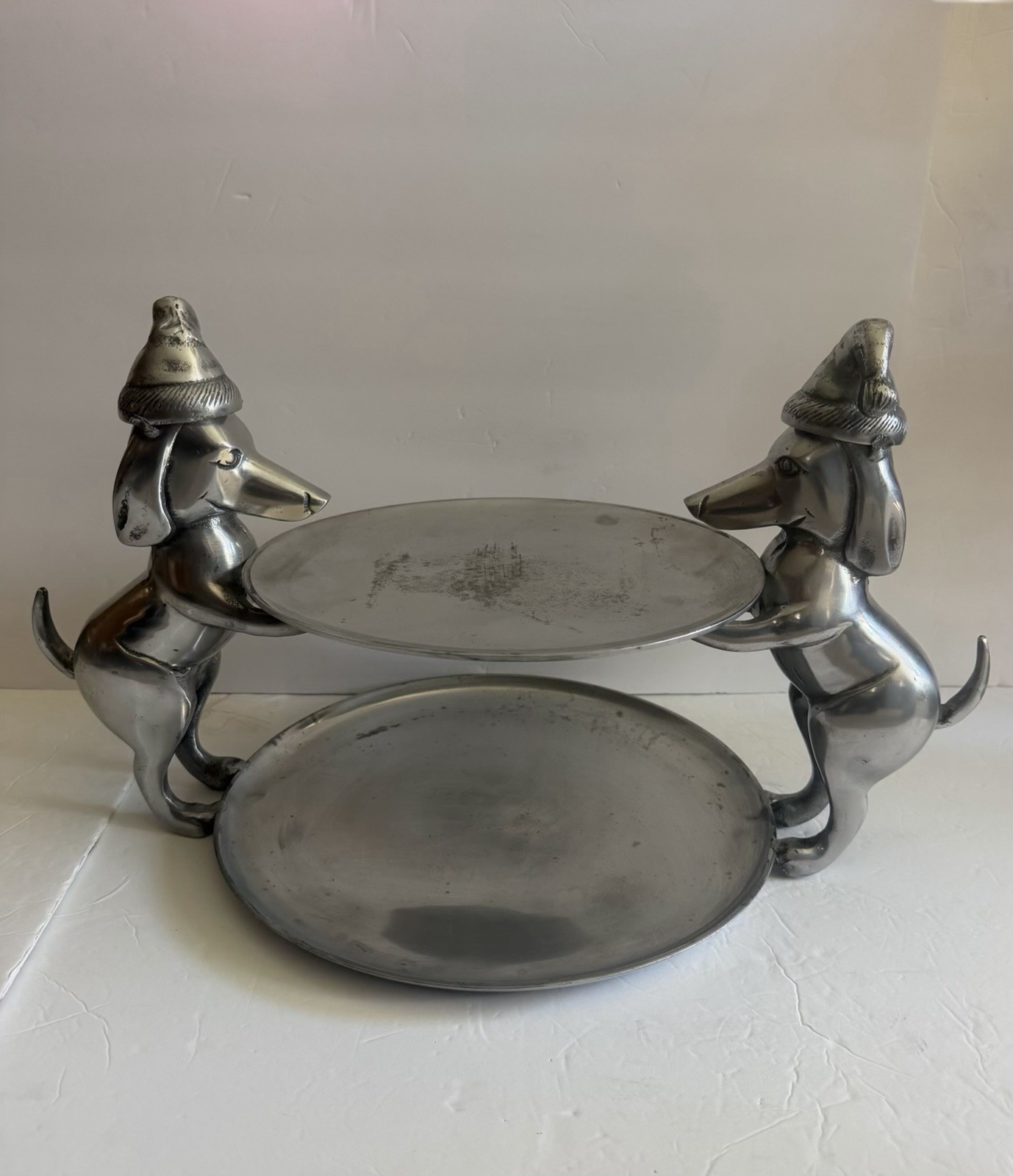 Rare Vintage 2-Tier Metal Stand w/Dog Figurines Serving Tray