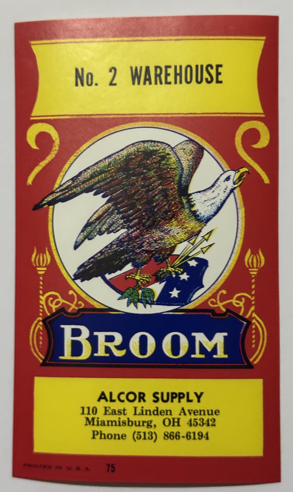 Vintage 1970s-90s Broom Label 🦅 Alcor Supply No 2 Warehouse Eagle Miamisburg OH