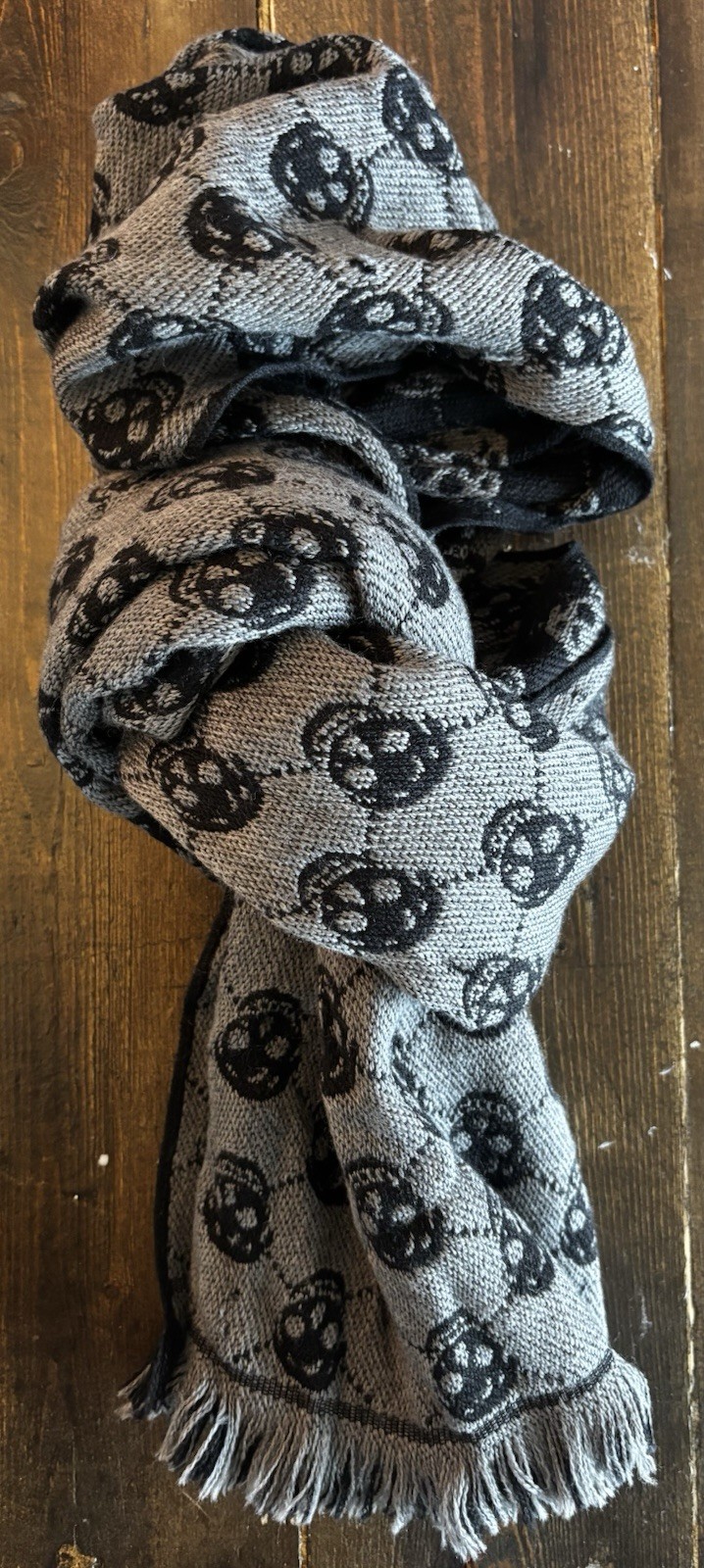 Alexander McQueen Reversible Skull Knit Wool Fringe Scarf Black/Gray