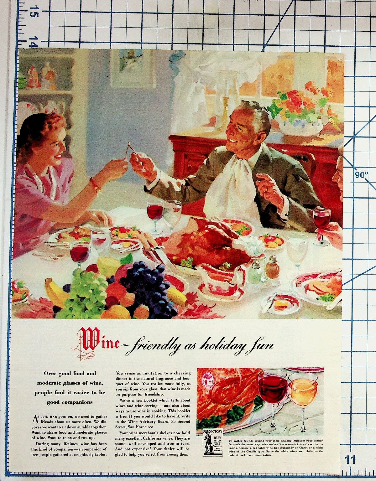 Vintage 1940s Wine Advisory Board Ad WWII Era Holiday Dinner Wishbone