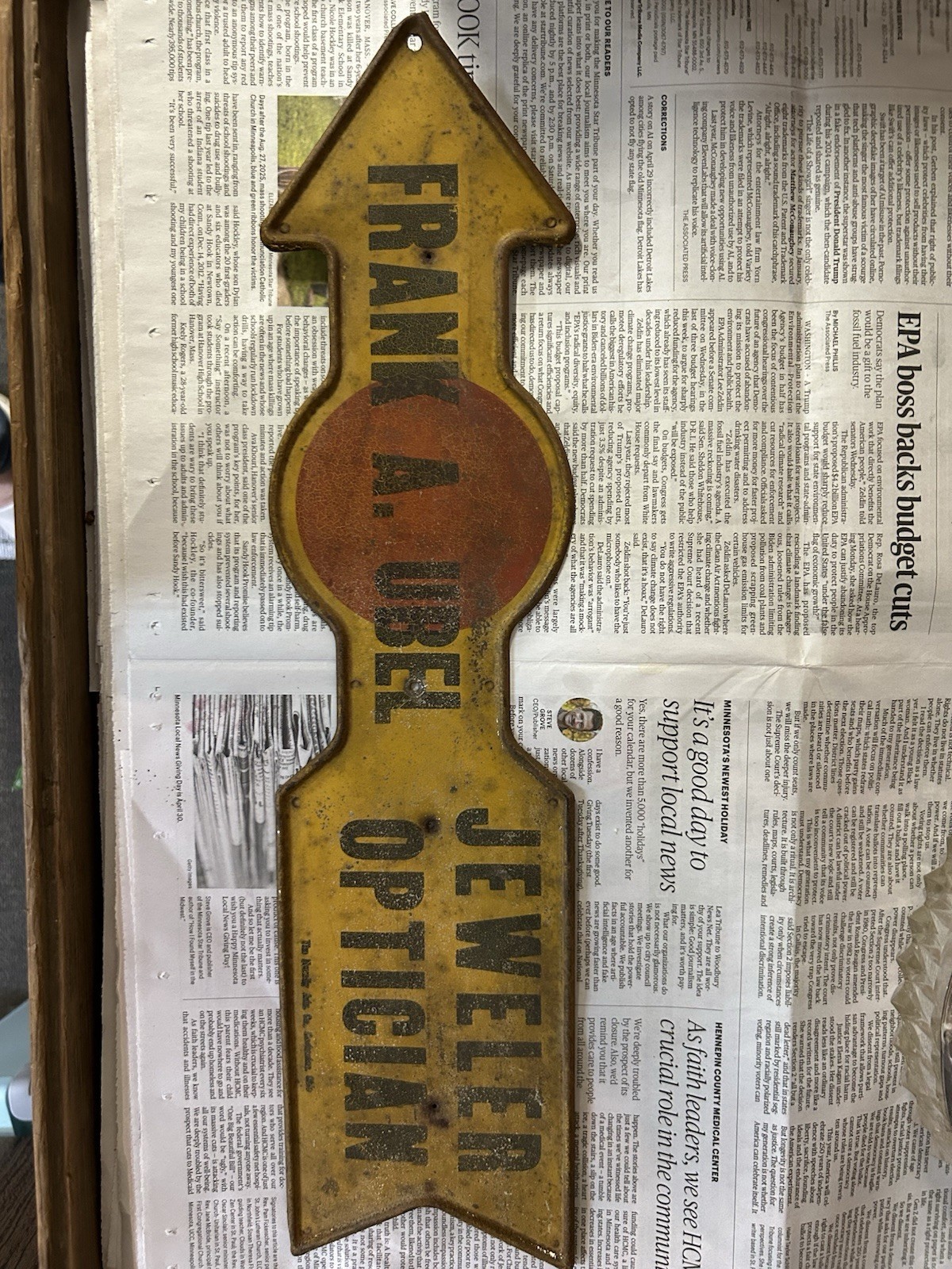 Rare Frank A. Ubel Jeweler Optician St Paul MN Painted Tin Advertising Sign