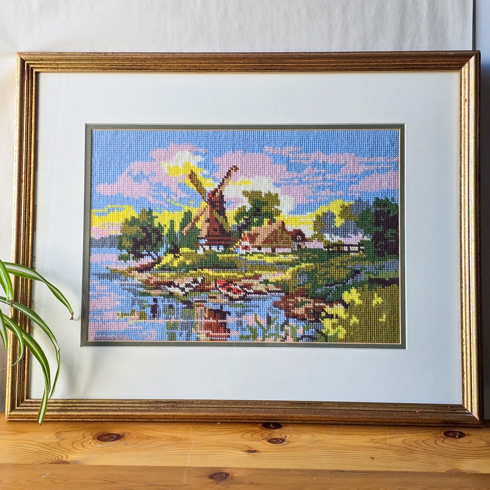 Vintage Framed Needlepoint Windmill Cottage Landscape Needlework Wall Art