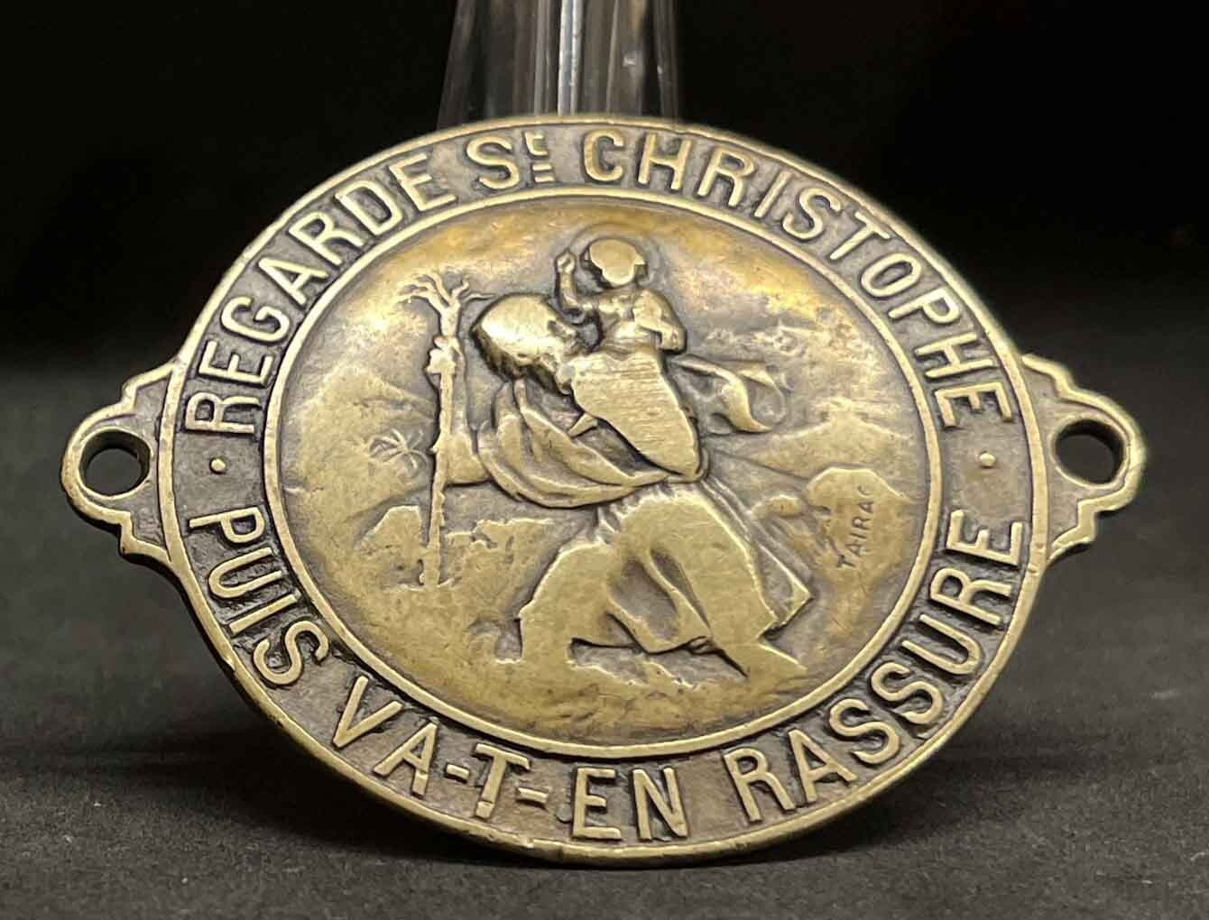 By Tairac France 1920´ antique Car Badge St Christopher protector drivers bronze