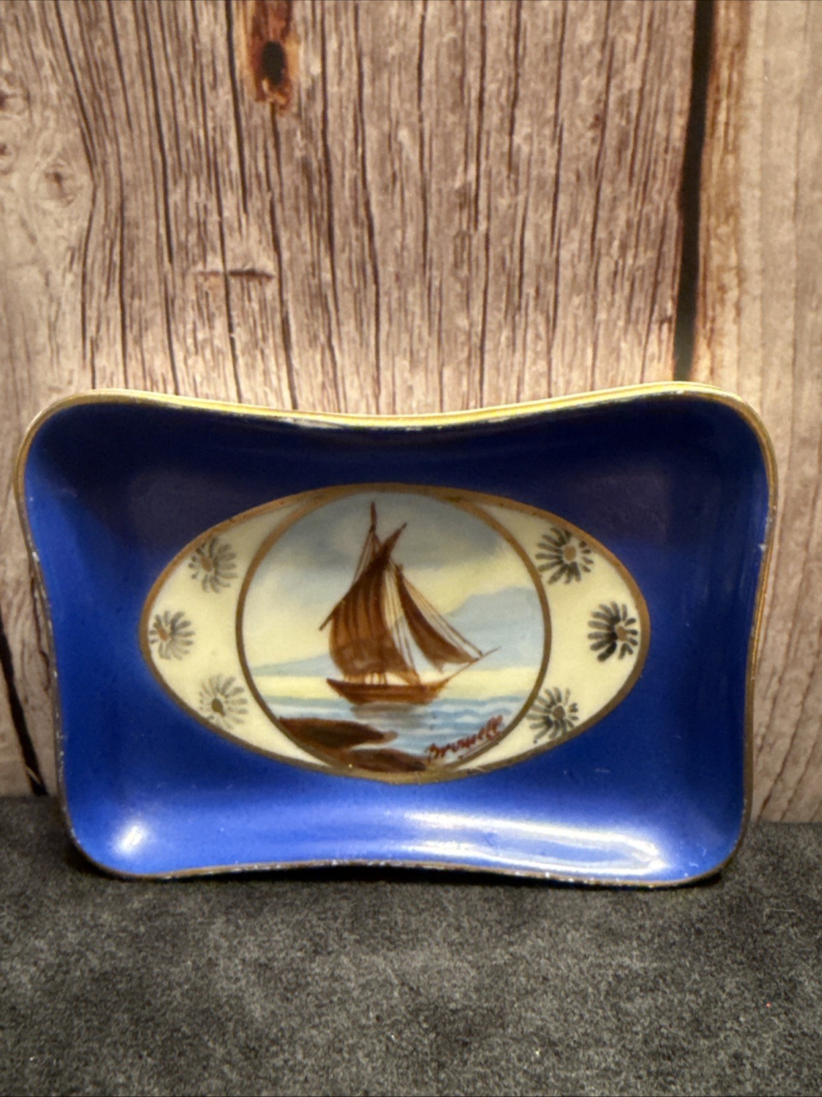 Antique FBS France Porcelain Pin Dish Trinket   Hand Painted Ship Blue Gold Trim