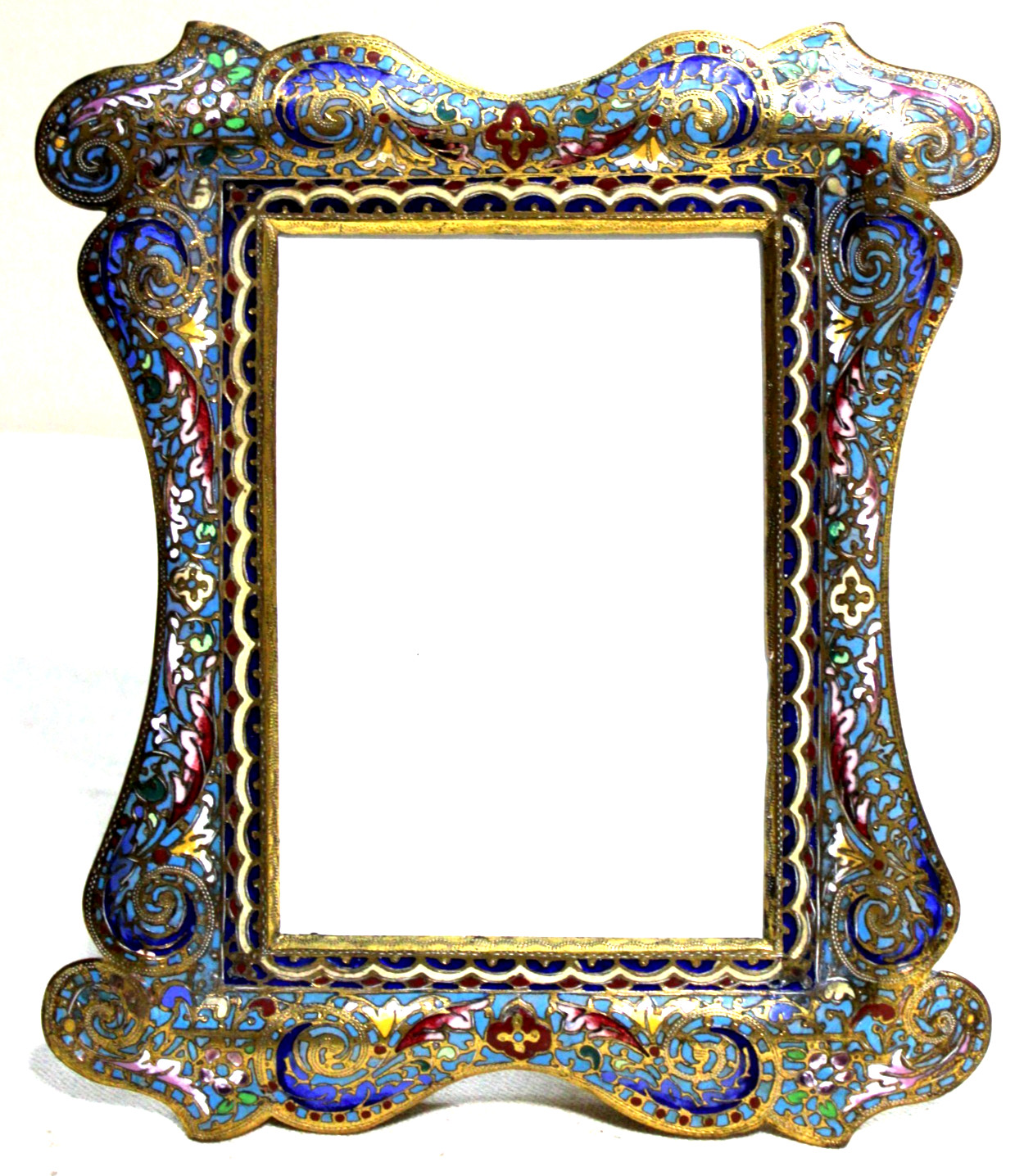 SUPERB LG ANTIQUE FRENCH ENAMEL PICTURE FRAME CHAMPLEVE GILDED BRONZE ART NOUVEA