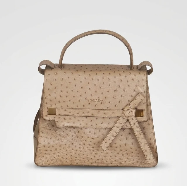Escada Bow Satchel Beige Ostrich Embossed Leather Top Handle Crossbody Bag