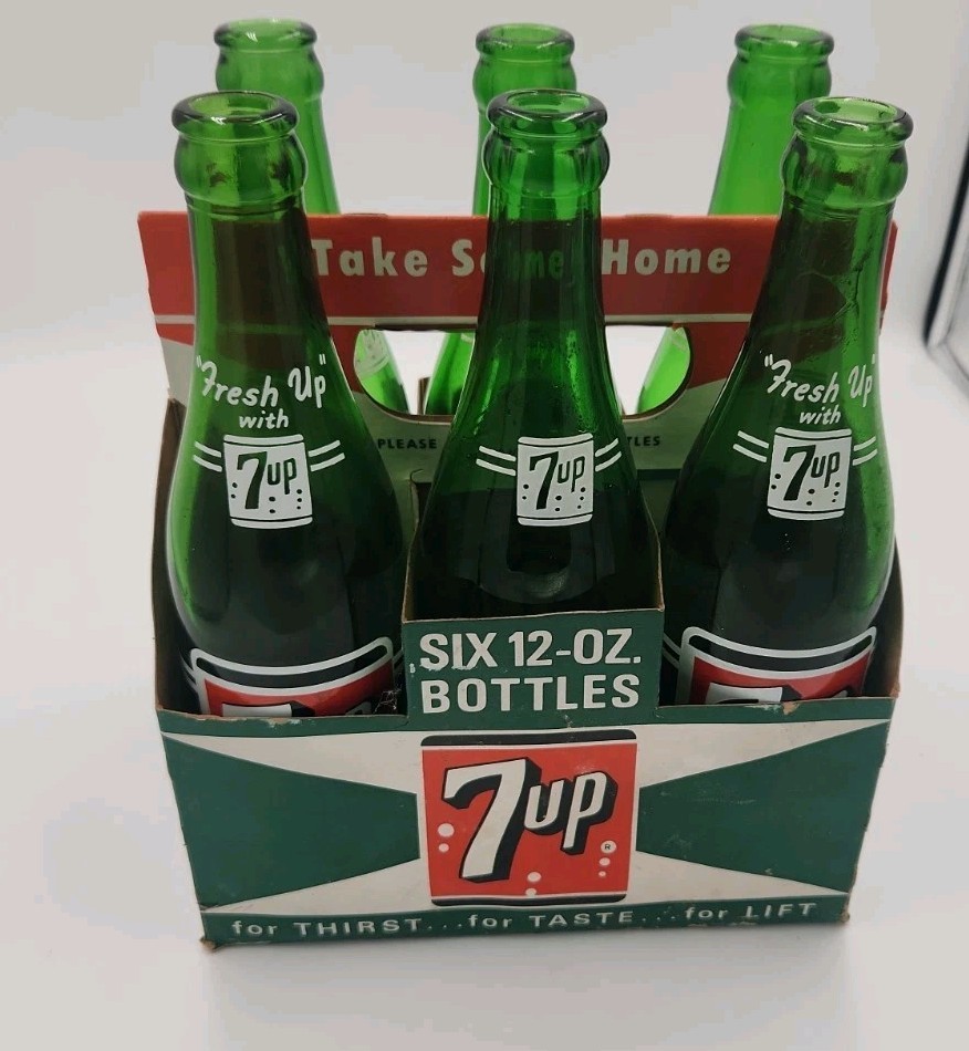 Vintage 1960 7Up King Size 12oz Soda Bottles & Cardboard Carrier Set 6 Pack Mead