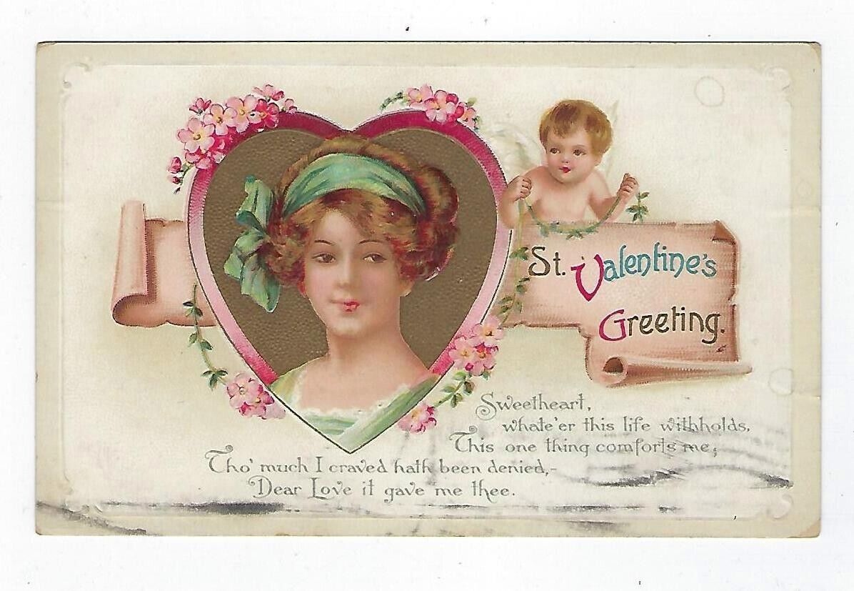 Early 1900's Valentine Postcard Victorian Woman Within Heart and Cupid