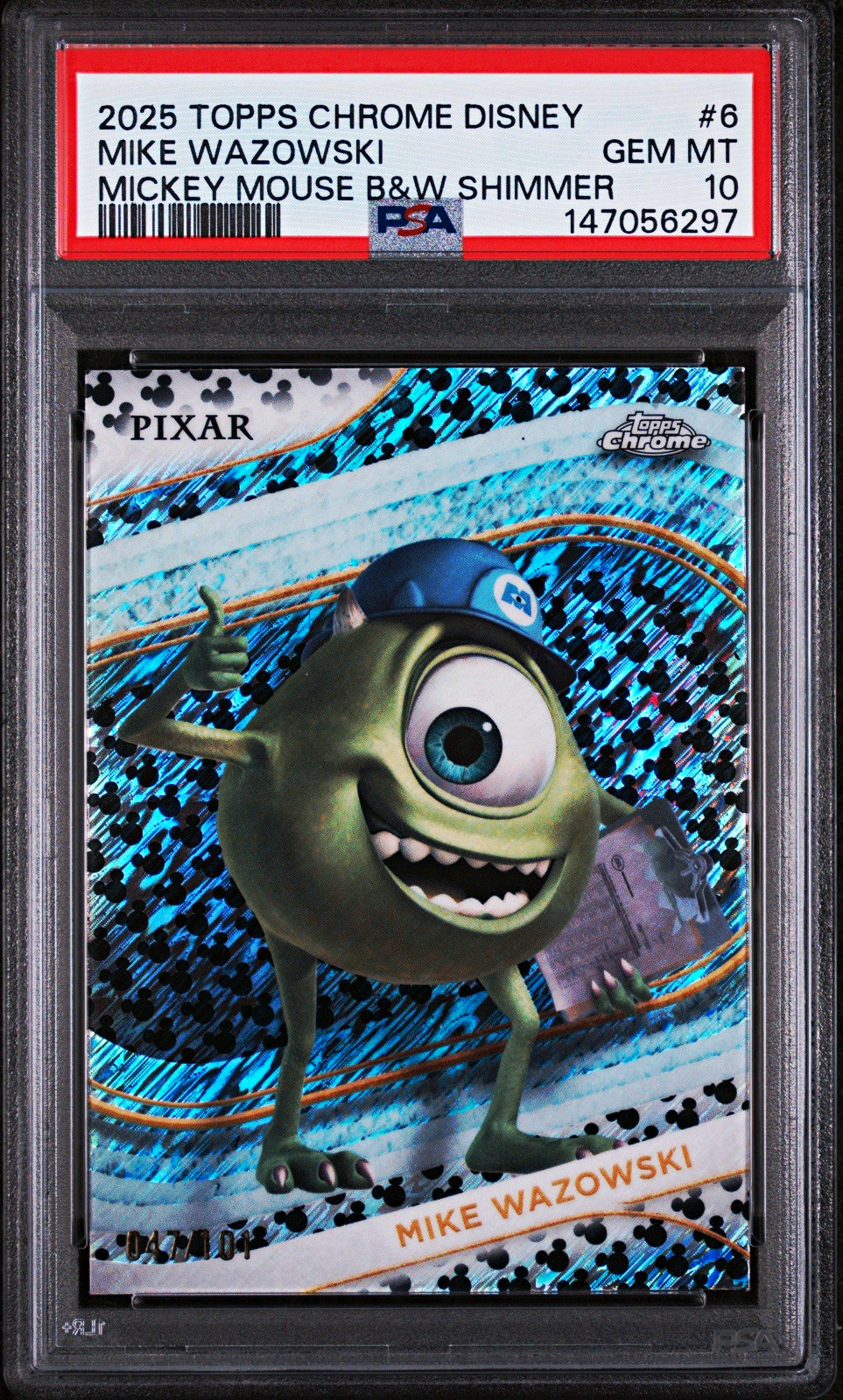 Topps 2025 Chrome Disney Mike Wazowski #6 Mickey Mouse B&W Shimmer Card #\'d /101