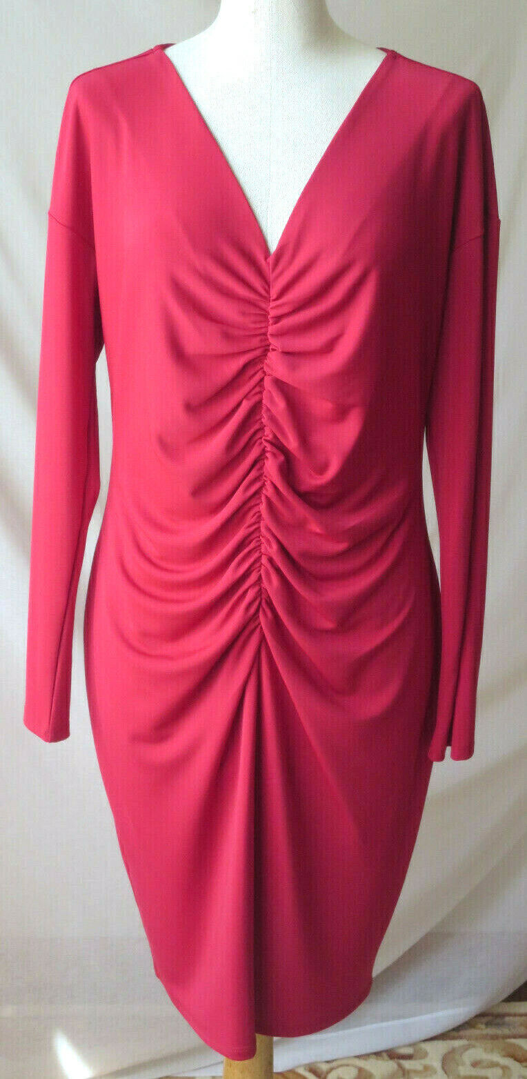 NARCISO RODRIGUES RED LONG SLV V-NECK RUCHED FRONT ZIP BACK STRETCHY DRESS XL 