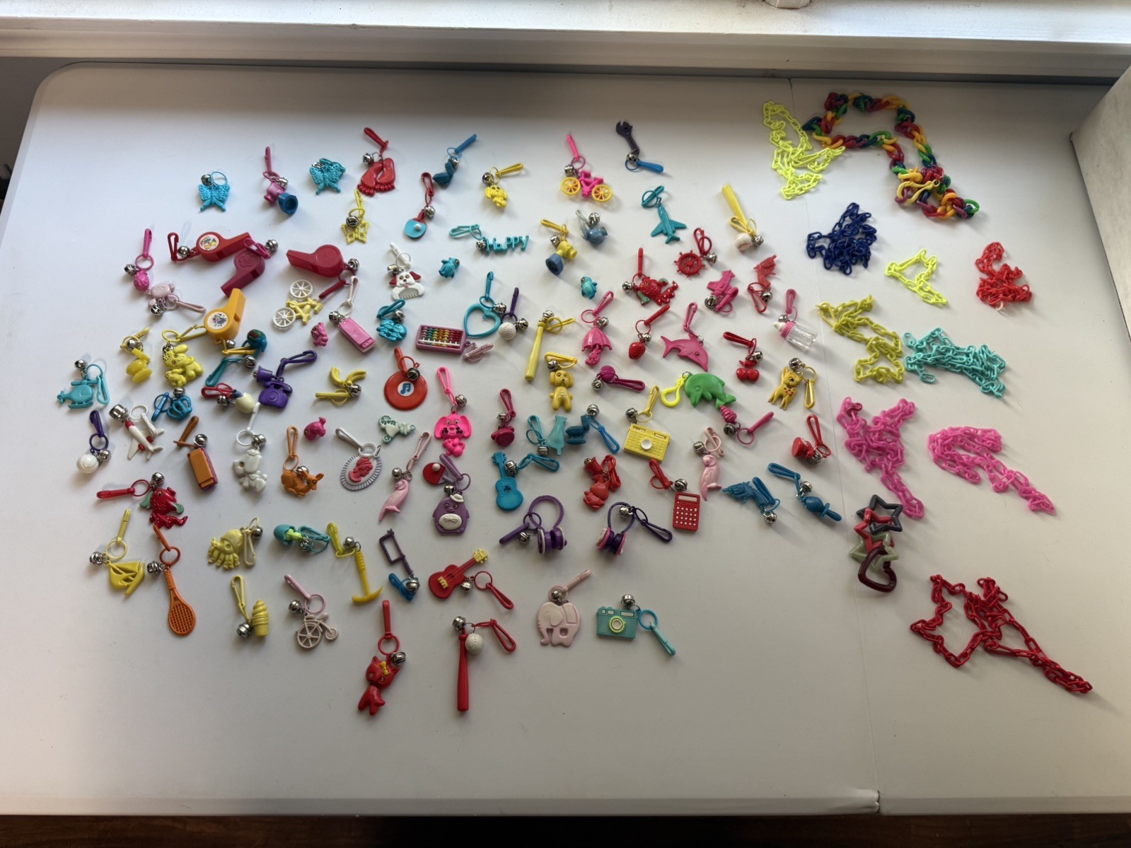 Huge Vintage 1980's Plastic Bell Charm Lot Necklace w/ 93 Charms & 10 Chains