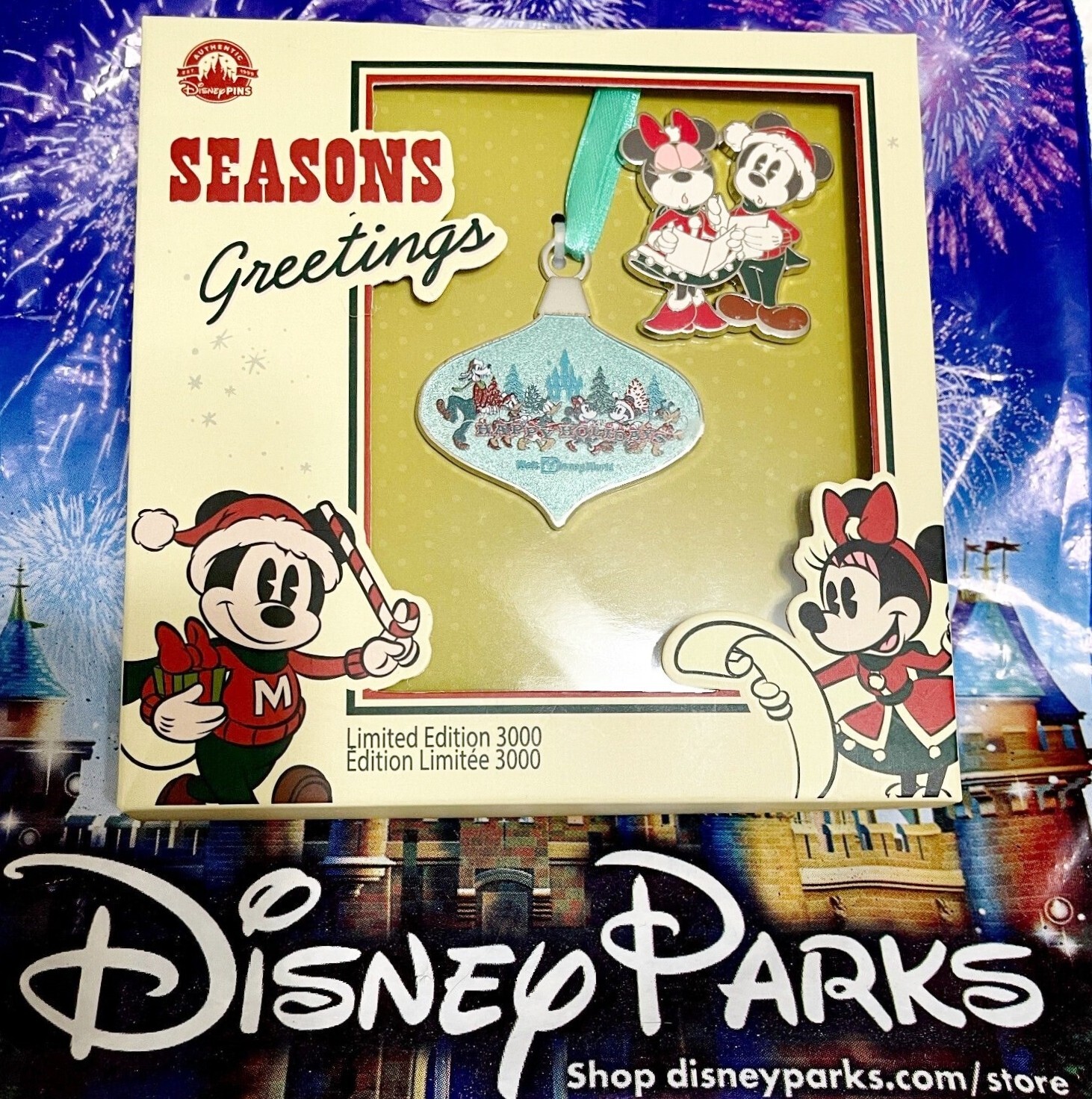 Disney Parks 2022 Seasons Greetings Mickey & Minnie Pin & Ornament Set New