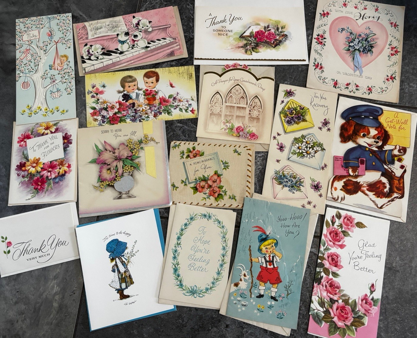 Lot of 16 Vintage Greeting Cards 1940s-50s Valentine Get Well Die Cut Ephemera