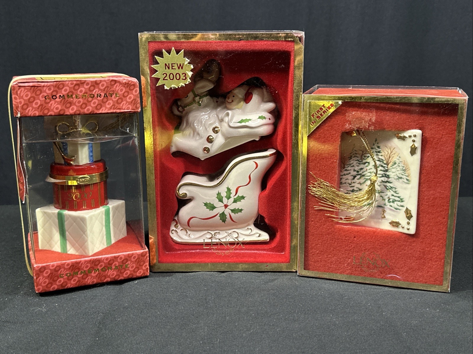 Lenox Whispering Commemorate Reindeer & SleighTrees Porcelain Ornament Lot Of 3