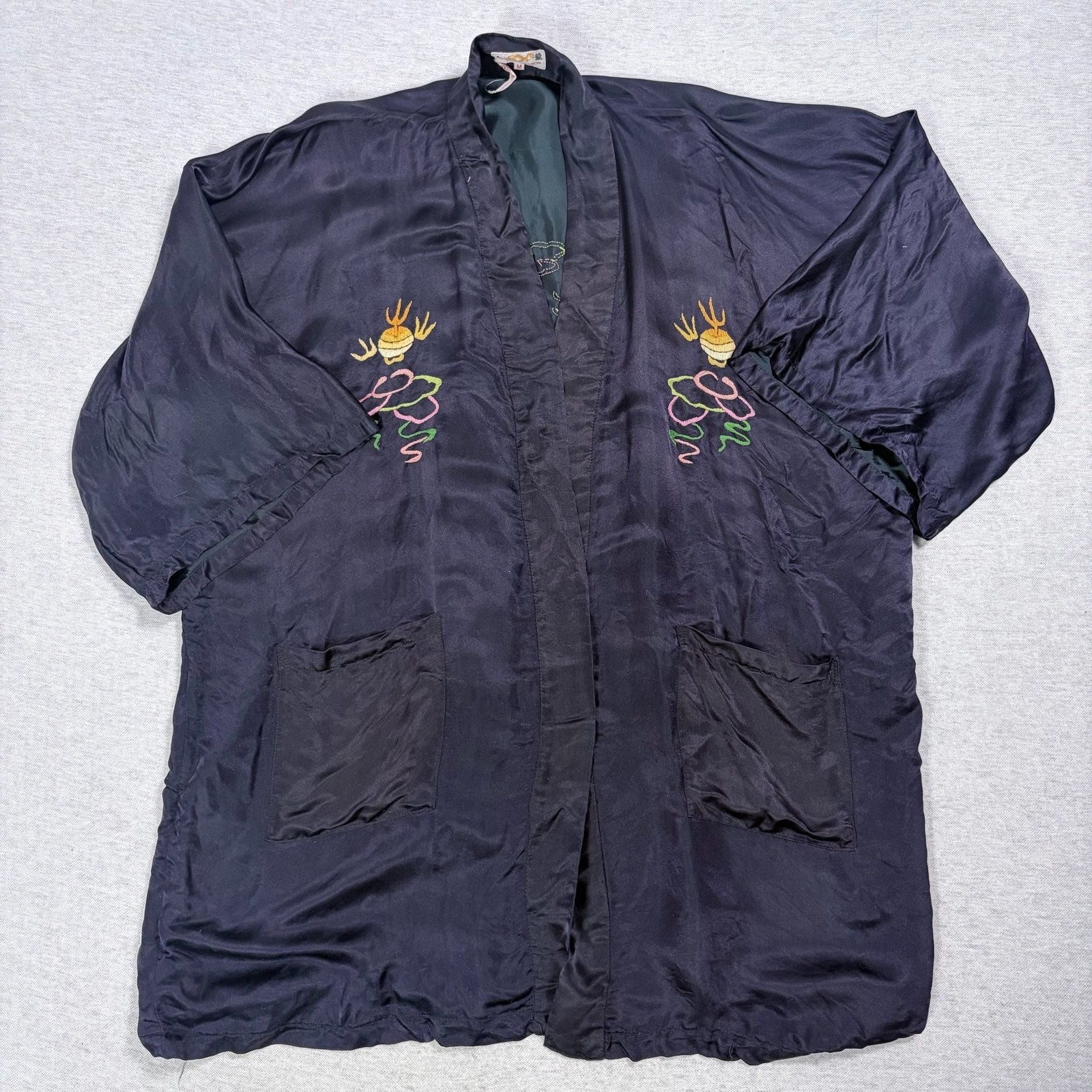 Vintage Golden Dragon Silk Robe Jacket Hand Embroidered Black Short Kimono Sz M