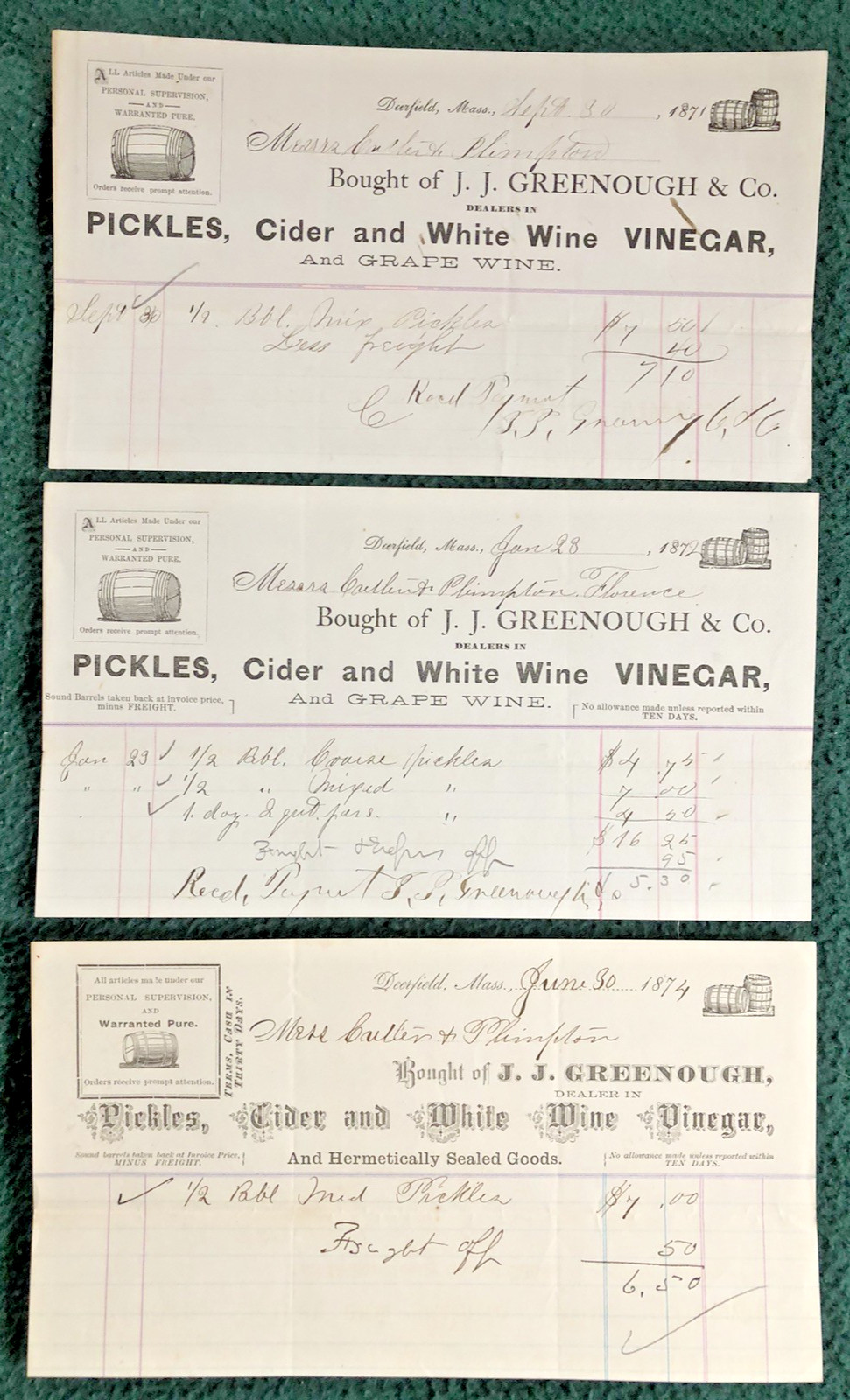 DEERFIELD MA J J Greenough & Co 3 Receipts 1870s Dealers in Pickles Grape Wine +