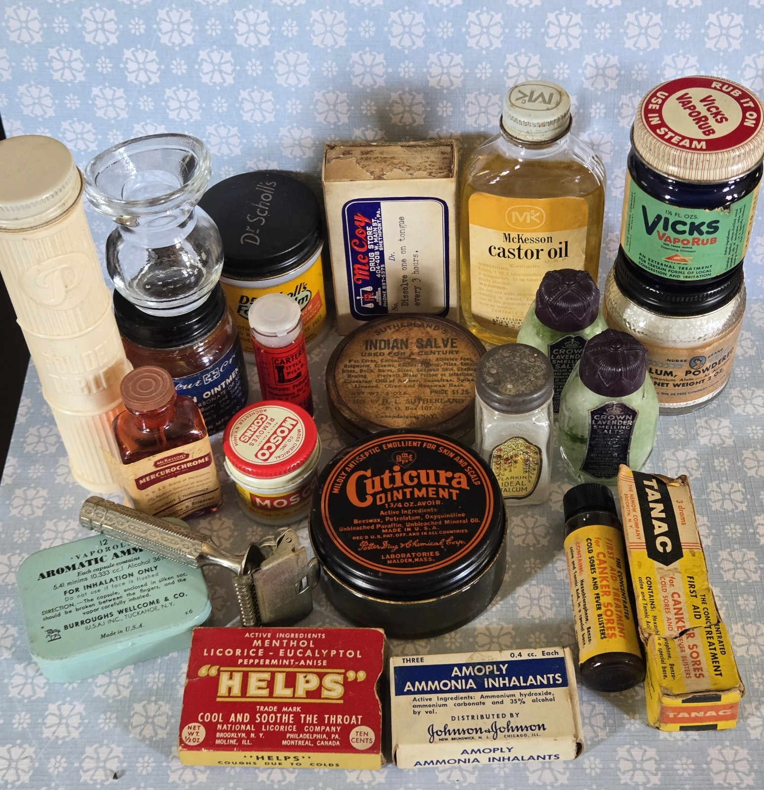 Vintage Apothecary Medicine Lot 22 Tins Bottles Boxes Carters Cuticura Tanac etc