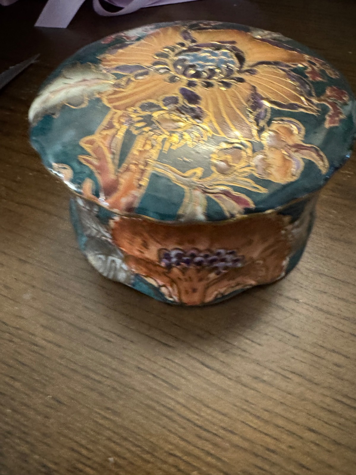 Vintage Hand Painted Porcelain Covered Box Teal Butterfly Floral Moriage Gold