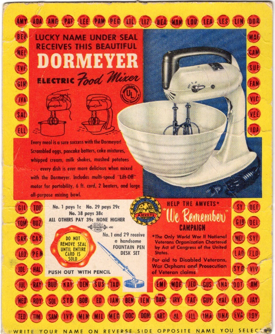 Vintage 1940\'s DORMEYER Food Mixer Advertising Name Punch Card UnPunched.