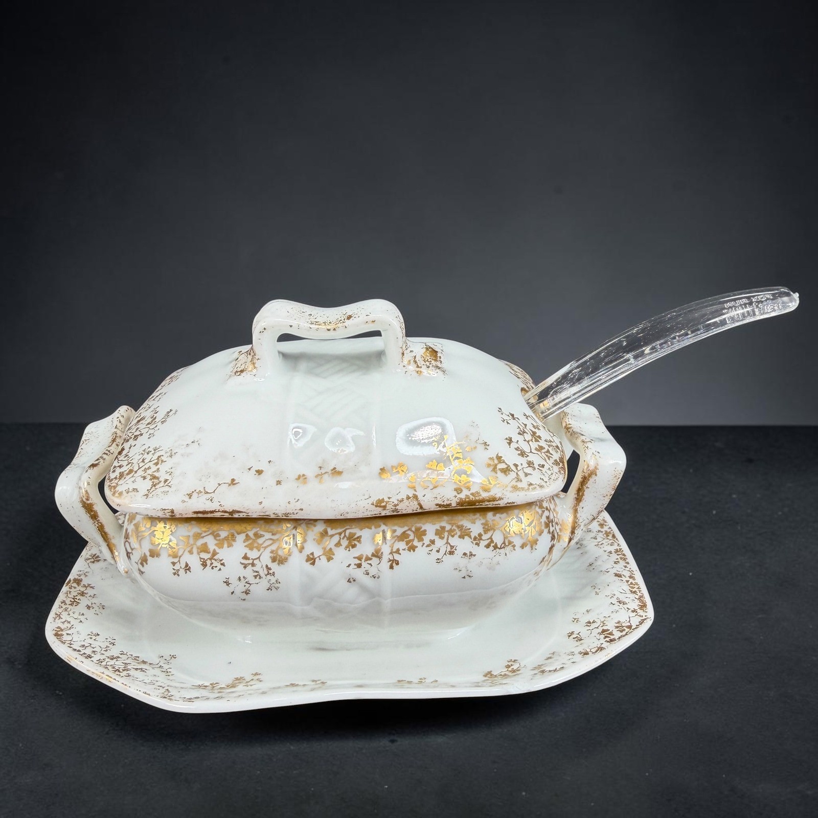 Jean Pouyat Limoges JPL France Antique Gold Gilt Floral Mustard Pot With Ladle