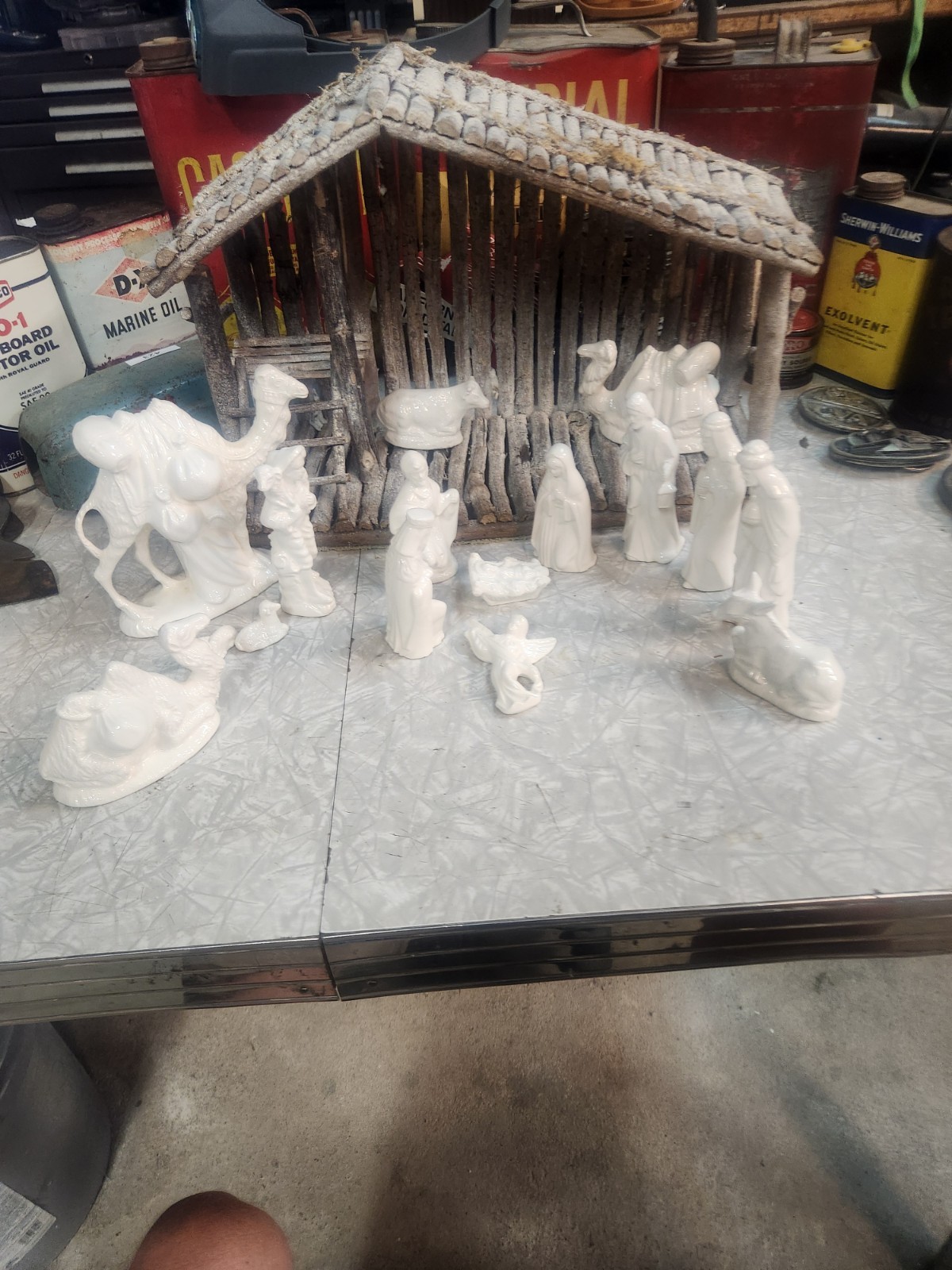 Vintage Nativety Set of 15 Ceramic Pieces Wood Shelter Is Homemade Christmas