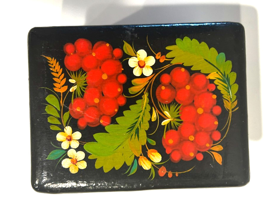 VTG Ukrainian Hand Painted Folk Art Lacquered Box Strawberries Cherries Foliage