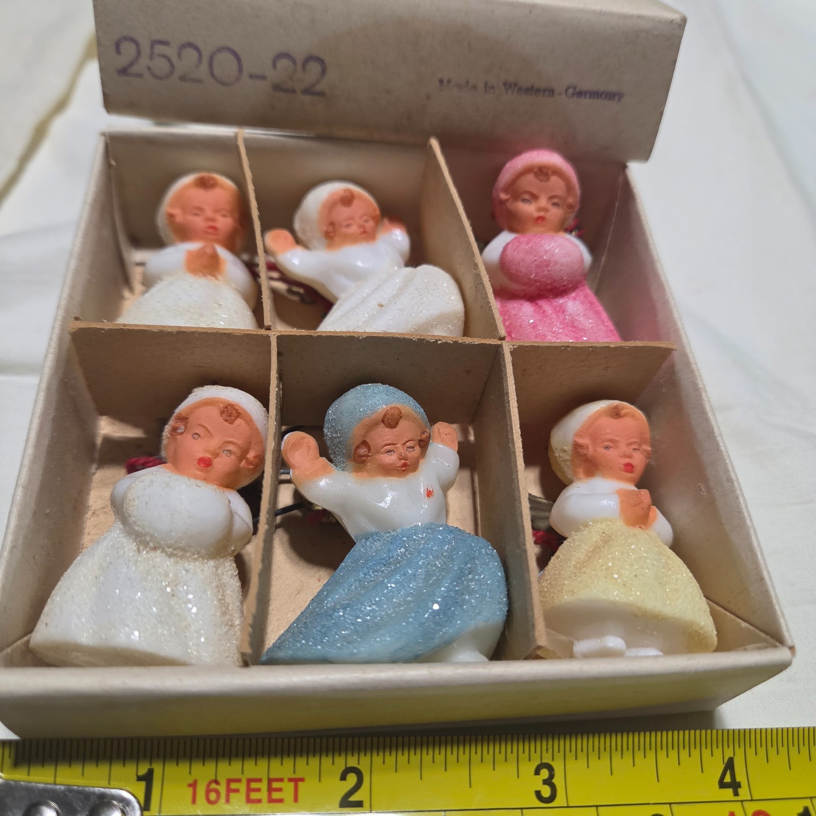 Vtg Western Germany Mica Sugar Snow Babies Children Christmas Ornaments Set Box